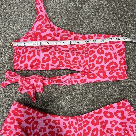 Pink Leopard One Shoulder High Waisted Bikini Tie High Cut Two Piece Swimsuits L - Picture 10 of 12